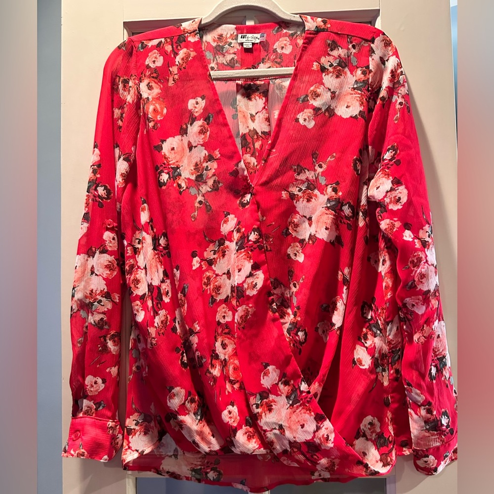 Like new Kut from the Kloth Red Floral Blouse Relaxed Fit, sheer fabric. Med.